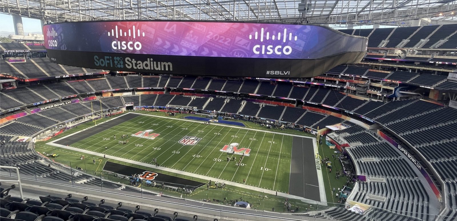 An NFL stadium lit up ahead of Super Bowl LX
